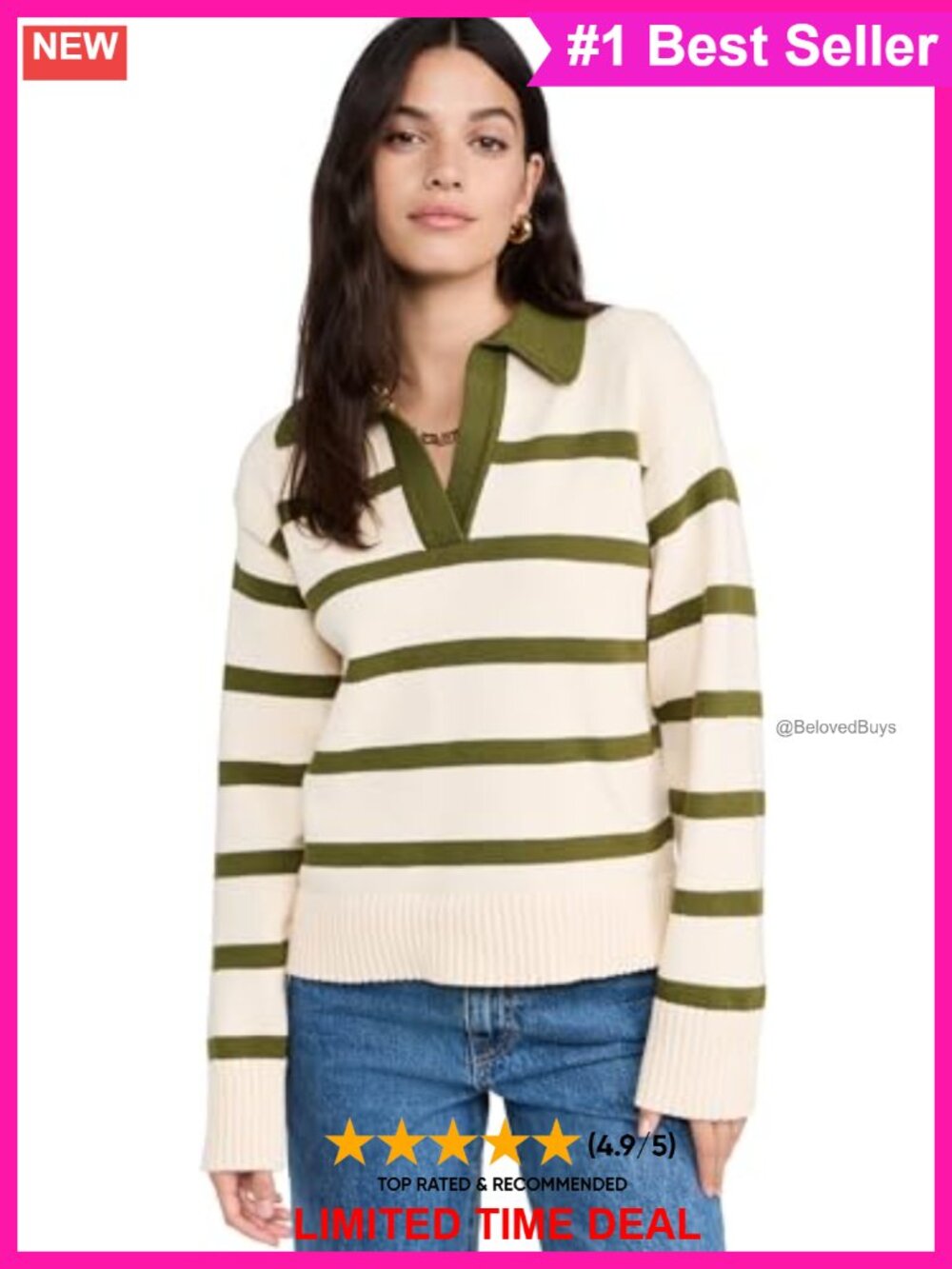 Striped Collared Sweater Pullover Mid-Weight Knit Dropped Shoulder